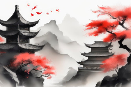 Chinese ink landscape painting, outstanding mountain sun and sakura tree. Chinese banner design concept with flowers. Chinese new year greeting background 2024.の素材