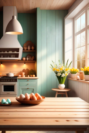 Empty wooden table against easter times background. Scandinavian style kitchen decorated for Easter celebration. Spring and Easter concept 2024, modern color palette.の素材