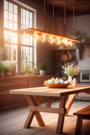Empty wooden table against easter times background. Scandinavian style kitchen decorated for Easter celebration. Spring and Easter concept 2024, modern color palette.の素材