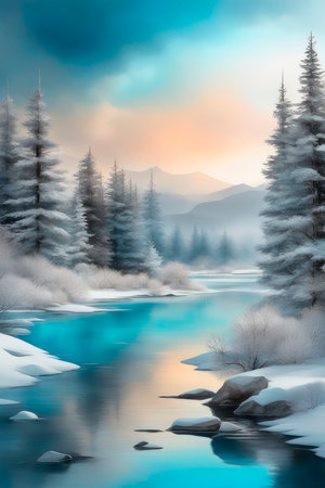 Winter landscape in retro style. Beautiful watercolors of a winter lake between high mountains. Panoramic view 2024, light silver, dove color, rich pastel blue, graphite gray, beaver color palette.の素材
