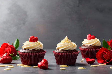 Surprise concept for Valentine's Day, of March 8, Mothers day, happy birthday or women's day. Cupcakes with buttercream and decorated with sugar red hearts for Valentine's Day on a stone background.の素材