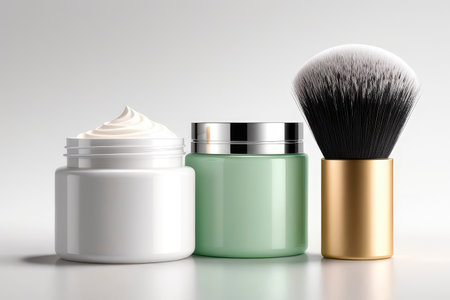 Different cosmetic bottles and container, cosmetics with eucalyptus background. Bathing products in the bathroom, spa serum, natural soap, cotton towel with a sprig of eucalyptus.の素材