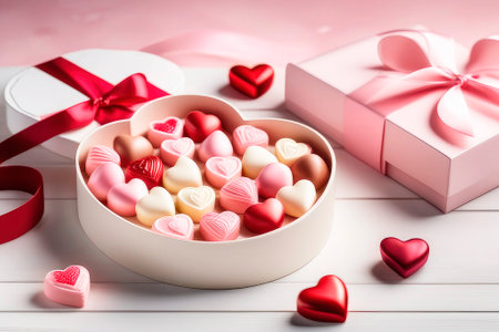 Birthday greeting card or Valentine's day with chocolates. Heart-shaped chocolates on a white table.の素材