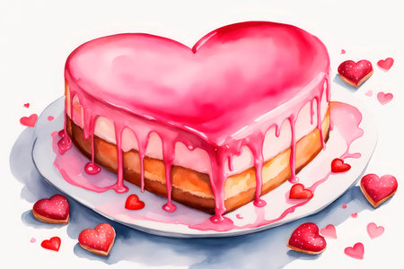 Watercolor valentine with heart shaped cake on a white background. Illustration for banner, greeting card, t-shirt print, decoration, gift tag. Holiday design 2024.の素材