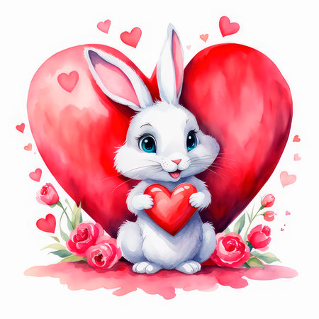 Watercolor valentine lovely bunnie on white background. Holiday card design, cartoon style. Illustration for banner, greeting card, t-shirt print, decoration, gift tag.の素材