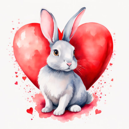 Holiday card design, cartoon style. Watercolor valentine lovely bunnies with hearts with hearts on white background. Illustration for banner, greeting card, t-shirt print, decoration, gift tag.の素材
