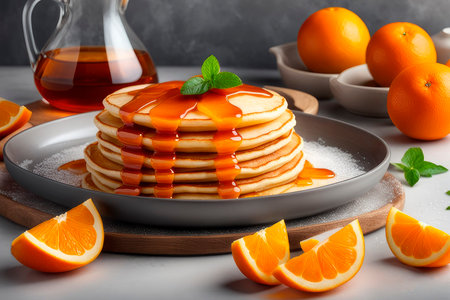 Crepes, thin pancakes pancakes with with orange syrup and fresh orange on gray background. Sweet French and Russian style homemade pancake crepes.の素材