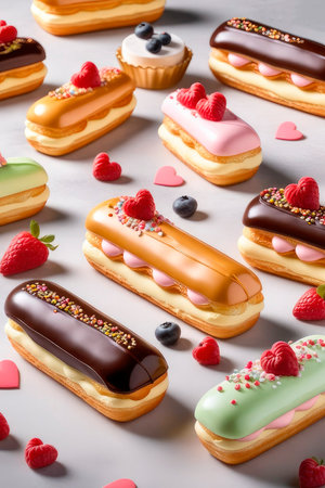Valentine food, pastel toned eclair silke leffler on a light background. Illustration for banner, greeting card, t-shirt print, decoration, gift tag. Holiday design 2024.の素材