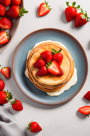 Crepes, thin pancakes with cream cheese, ricotta filling and fresh strawberries on gray background. Sweet French and Russian style homemade pancake crepes.の素材