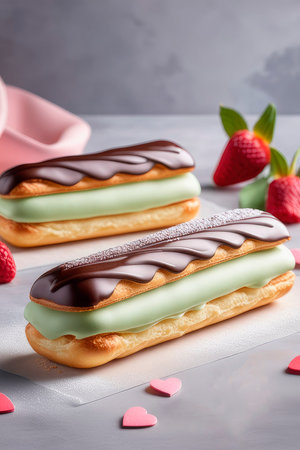 Valentine food, pastel toned eclair silke leffler on a light background. Illustration for banner, greeting card, t-shirt print, decoration, gift tag. Holiday design 2024.の素材