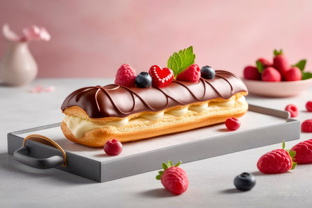 Valentine food, pastel toned eclair silke leffler on a light background. Illustration for banner, greeting card, t-shirt print, decoration, gift tag. Holiday design 2024.の素材