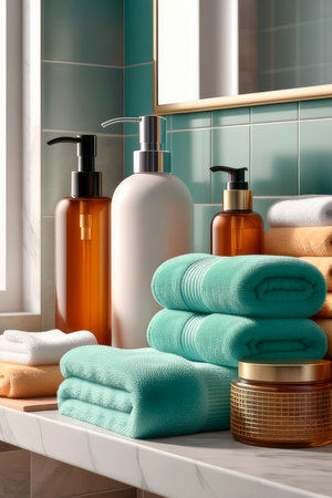 Accessories for bath and clean towels in the bathroom for personal hygiene. Zero waste, plastic free living concept, sustainable decor for bathroom interior 2024.の素材