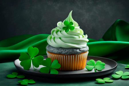 Homemade cupcakes with buttercream and decorated with sugar clover for St. Patrick's Day. Surprise concept for St. Patrick's Day 2024.の素材
