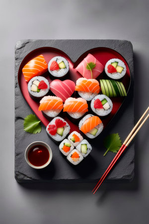 Romantic menu asian food Valentines Day Heart-Shaped Sushi on dark background. Inviting for romantic dining experiences, culinary blog, restaurants menu, and lifestyle.の素材