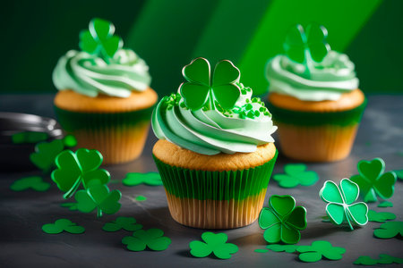 Homemade cupcakes with buttercream and decorated with sugar clover for St. Patrick's Day. Surprise concept for St. Patrick's Day 2024.の素材