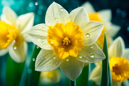 Spring flowers of white daffodil macro with drops of water on the petals. Mother's day or Valentine day concept. Beautiful spring delicate and tenderness soft focus background.の素材