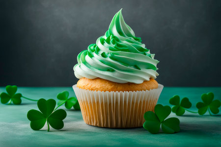 Homemade cupcakes with buttercream and decorated with sugar clover for St. Patrick's Day. Surprise concept for St. Patrick's Day 2024.の素材