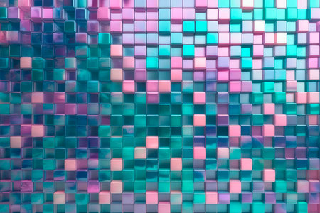 Mosaic cubic geometrical wall in sweet sherbet, cool pink, pastel purple, pastel turquoise, dark blue-green tones. Abstract 3d background 2024.の素材