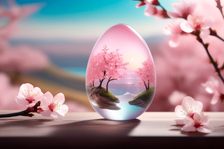 Macro photography transparent easter eggs on landscape cherry blossom green lawn on a sunny day in April. Glass egg with easter eggs and flowers. Holiday design Happy Easter 2024.の素材