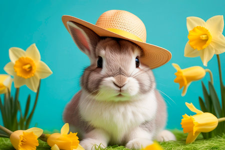 A cute Easter bunny in a hat with daffodil flowers on a pastel background. Festive Rabbit for Easter celebrations 2024. For greeting card, invitation, postcard, poster, web design.の素材
