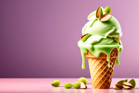 Pistachio almond ice cream in a waffle cone with pistachio nuts, that melts in a cone on pastel background. Summer food. The ice cream is gluten-free and healthy.の素材