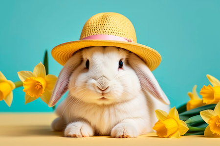 Festive Rabbit. A cute Easter bunny in a hat with daffodil flowers on a pastel background. For greeting card, invitation, postcard, poster, web design. Ideal for Easter celebrations 2024.の素材