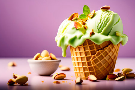 Pistachio almond ice cream in a waffle cone with pistachio nuts, that melts in a cone on pastel background. Summer dessert, frozen fruit juice. Sweet treat, modern color palette.の素材