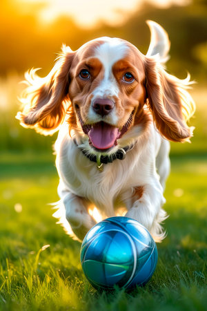 Happy English cocker spaniel dog running in the grass and bringing a tennis ball. Dog enjoys playing ball concept of active plays. Pet in nature outdoors. National Pet Day.の素材