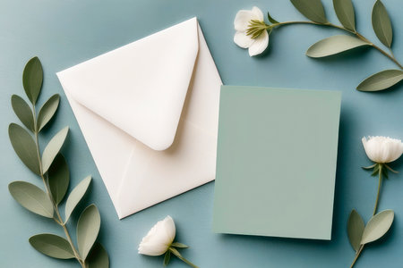 Blank paper wedding greeting card with blue flowers on sage green background. Top view, flat lay, love letter 2024. Holiday mockup, valentine's day or wedding invitation mockup with flowers.の素材