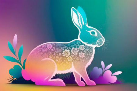 Festive spring background with rainbow Easter rabbit and eggs on pastel spectral background. Easter rabbit composed in iridescent chromatic liquid. Happy Easter holidays concept or greeting card.の素材