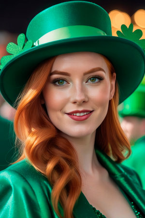 St. Patrick's day celebration. Beautiful smiling young red-haired woman emerald clothes. St. Patrick's Day carnival, national Irish holiday, Ireland, festival, symbol, shamrock.の素材