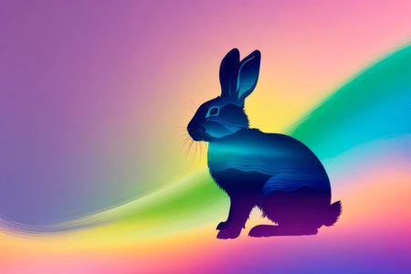 Festive spring background with rainbow Easter rabbit on pastel spectral background. Silhouette easter rabbit composed in iridescent chromatic liquid. Happy Easter holidays concept or greeting card.の素材