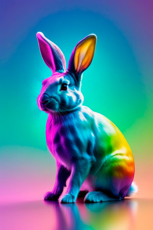 Festive spring background with rainbow Easter rabbit on pastel spectral background. Silhouette easter rabbit composed in iridescent chromatic liquid. Happy Easter holidays concept or greeting card.の素材