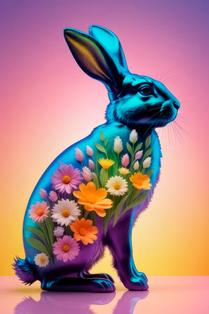 Festive spring background with rainbow Easter rabbit on pastel spectral background. Floral Silhouette easter rabbit. Happy Easter holidays concept or greeting card.の素材