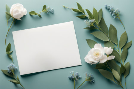 Blank paper wedding greeting card with blue flowers on sage green background. Holiday mockup, valentine's day or wedding invitation mockup with flowers. Top view, flat lay, love letter 2024.の素材
