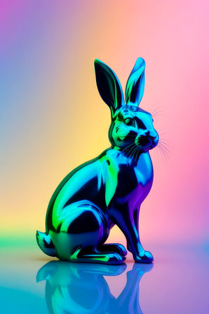 Festive spring background with rainbow Easter rabbit on pastel spectral background. Silhouette easter rabbit composed in iridescent chromatic liquid. Happy Easter holidays concept or greeting card.の素材