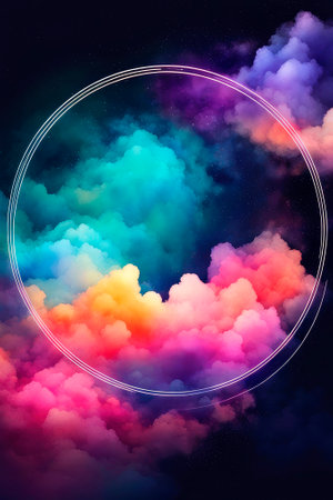 Abstract background with glowing circle over beautiful with magical clouds, futuristic landscape. Collage image picture of mystical geometry figure with neon in spectral, iridescent, chromatic, liquid colors.の素材