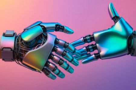 Friends cybernetic stretching hands towards each other. Cyborg robotic hand of Spectral iridescent chromatic liquid. Trending color concept of the year 2024.の素材