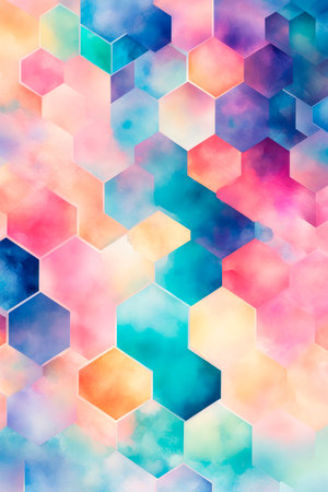 Color gradient background figure hexagonal. Hexagon Iridescent geometric spectral with neon light glow. Abstract Modern Pastel Holographic Background.の素材