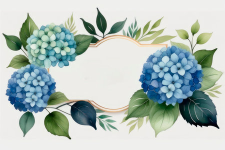 Watercolor wedding invitation template with hydrangeas. Luxury invitation card background with blue and pink colors palette, frame in minimalist modern style.の素材
