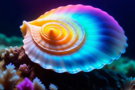 Blue ocean seascape, wave, beautiful seashell in holographic gradient by the warm sunset light of underwater. Summer trendy colorful concept, travel and holiday destination background.の素材