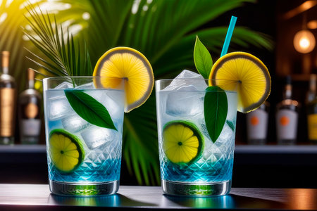 Summer Tropical drink colorful gin tonic cocktails in glasses on bar counter or restaurant. Cocktails set on bar counter. Dark background, bar tools, hard light.の素材