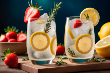 Summer refreshing soda drink or alcoholic cocktail with ice, rosemary and strawberry on a wooden table. Fresh healthy cold strawberry beverage 2024. Water with strawberry.の素材