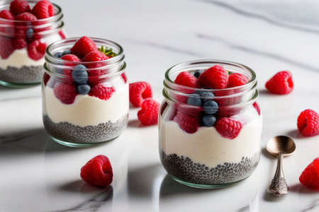Delicious chia pudding yogurt with raspberries sauce and raspberries in glass jar on a white marble table, summer dessert. Chia dessert made of yoghurt, healthy breakfast concept.の素材