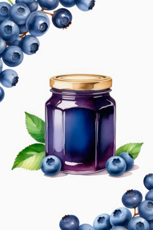 Glass jar of blueberry jam or marmalade and fresh berries blueberry on white background. Homemade organic fruit jam. Design for season offers, decor, menu, recipe, party crafts, ready to use template.の素材
