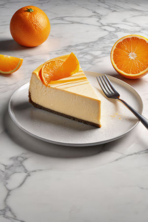 Delicious orange cheesecake with oranges on a marble stone background. Homemade recipe without baking. Sweet breakfast gluten free.の素材