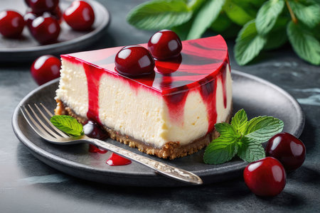 Delicious cherry cheesecake with cherry on a dark marble background. Homemade recipe without baking....