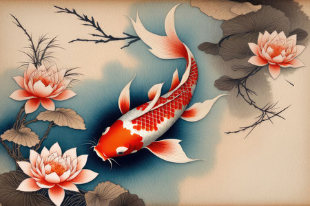 Koi fish painting with Japanese colored carps swimming in a pond in watercolor style. Painting on old paper. Asian pattern with icon elements for textile design and wall art.の素材