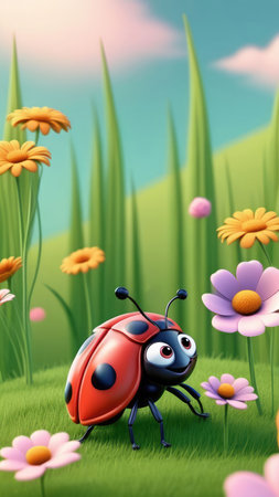 Adorable cartoon funny smile ladybug of children-friendly in animation fantasy style. Beautiful spring landscape with blooming meadow.の素材