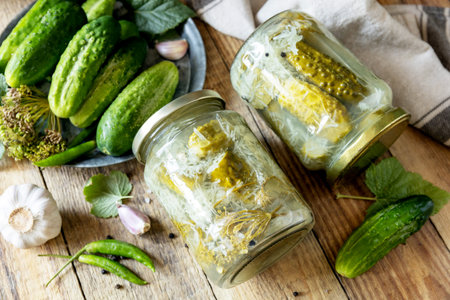 Healthy homemade fermented food. Salted pickled cucumbers with garlic, preserved canned in glass...